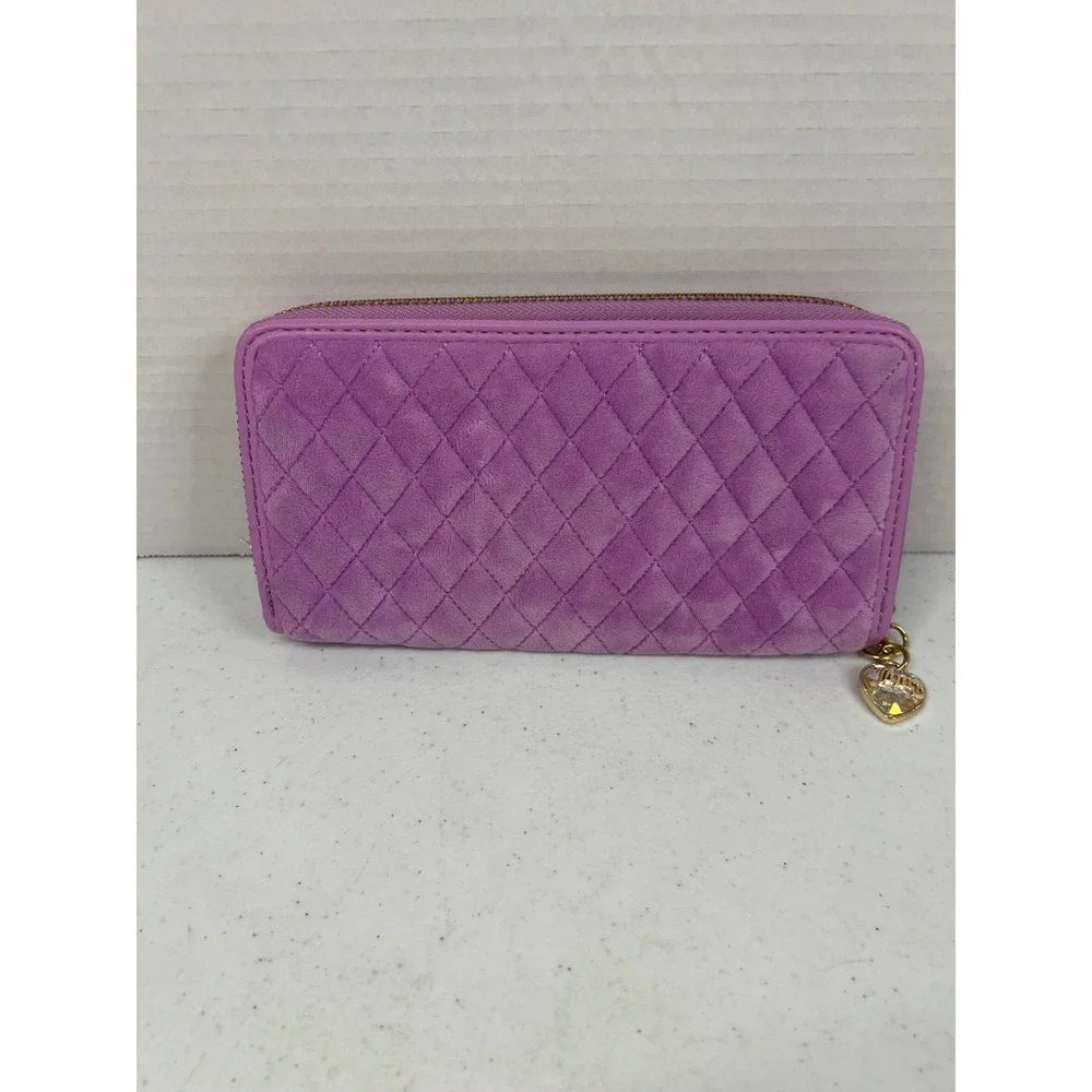 Juicy Couture Purple Quilted Velour Bow Zip Around Wallet Gold Heart Charm 8x4in